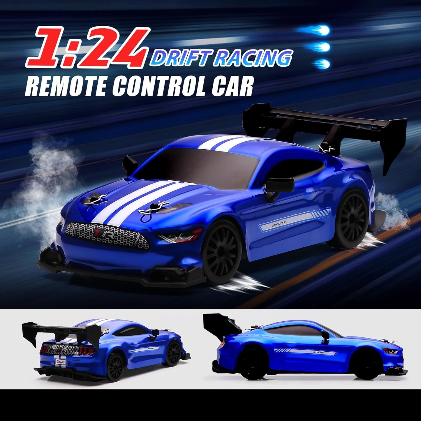 Mustang Blue 1:24 Scale RC Drift Car,4WD 2.4GHz High Speed Racing Hobby Sport Toy Car Vehicle with LED Lights,Racing and Drift Wheels for Adult Boys Girls Kids Gift (8602-Blue)