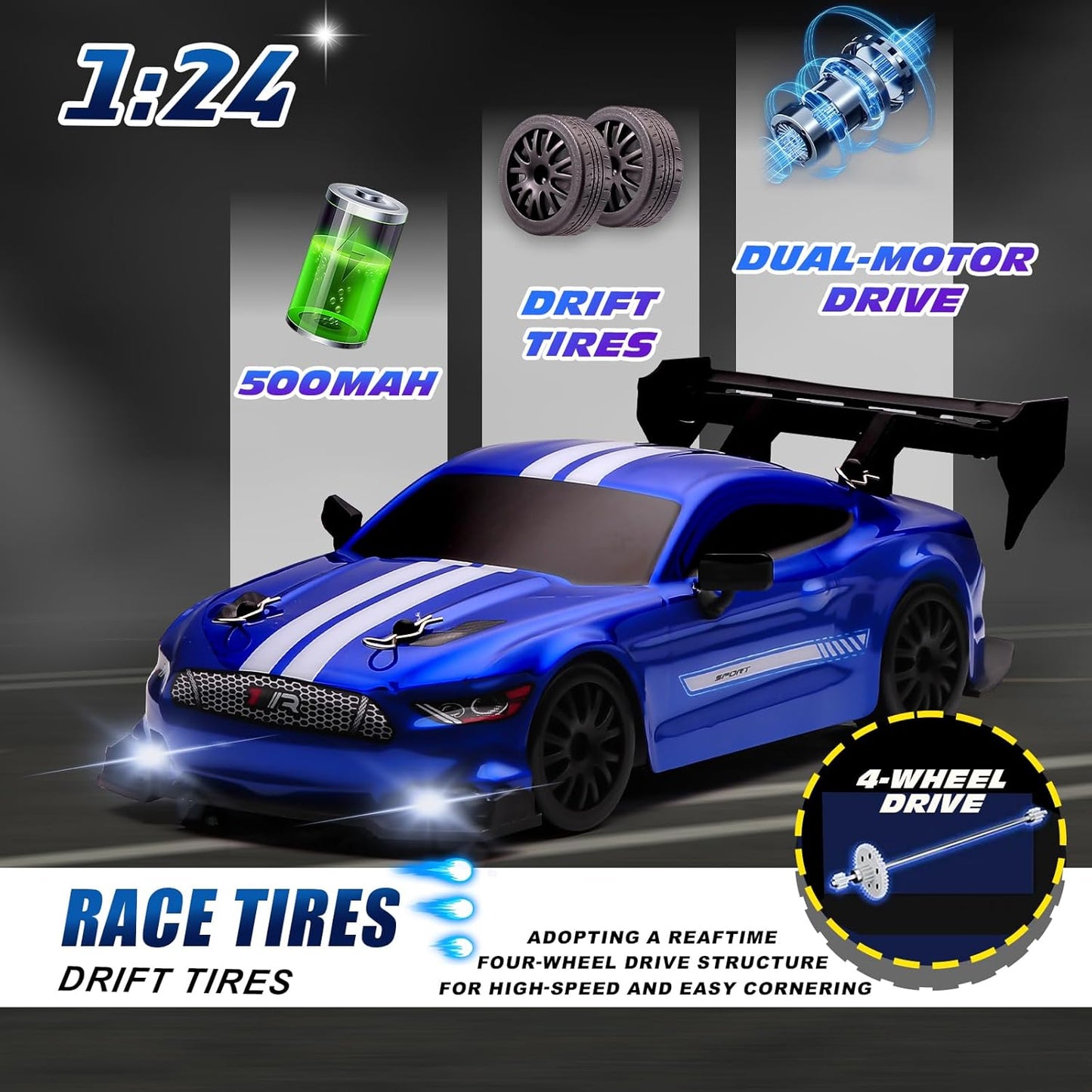 Mustang Blue 1:24 Scale RC Drift Car,4WD 2.4GHz High Speed Racing Hobby Sport Toy Car Vehicle with LED Lights,Racing and Drift Wheels for Adult Boys Girls Kids Gift (8602-Blue)