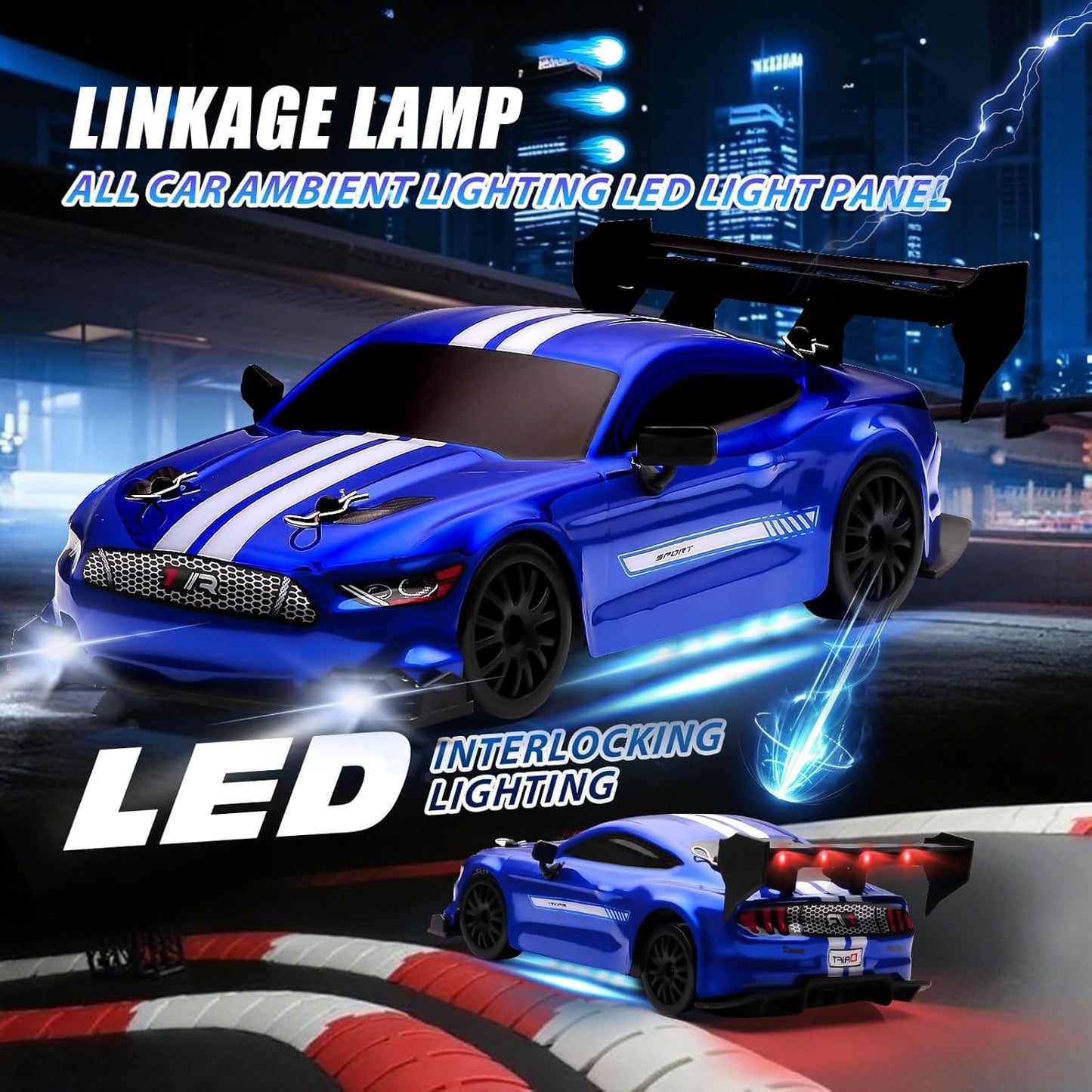 Mustang Blue 1:24 Scale RC Drift Car,4WD 2.4GHz High Speed Racing Hobby Sport Toy Car Vehicle with LED Lights,Racing and Drift Wheels for Adult Boys Girls Kids Gift (8602-Blue)