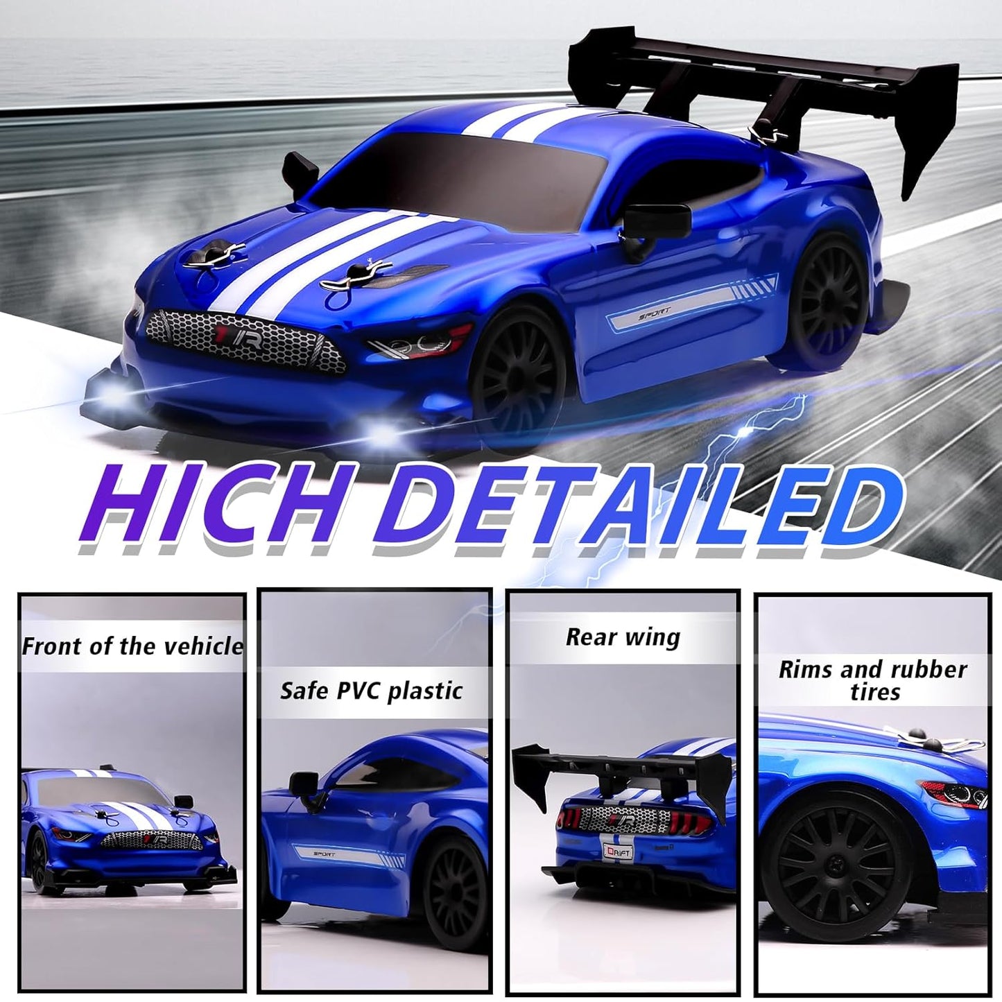 Mustang Blue 1:24 Scale RC Drift Car,4WD 2.4GHz High Speed Racing Hobby Sport Toy Car Vehicle with LED Lights,Racing and Drift Wheels for Adult Boys Girls Kids Gift (8602-Blue)