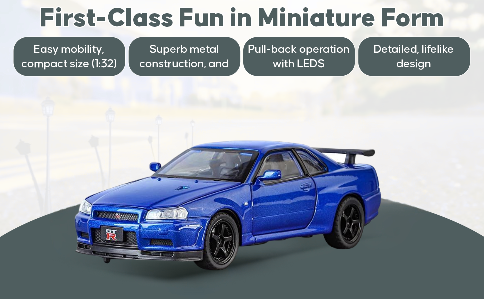 Blue die-cast model of a Nissan Skyline GT-R R34 1:32 Scale Openable Doors & Light, Music Toy