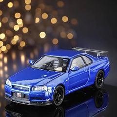 Blue die-cast model of a Nissan Skyline GT-R R34 1:32 Scale Openable Doors & Light, Music Toy