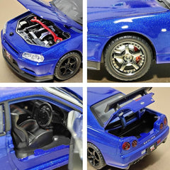 Blue die-cast model of a Nissan Skyline GT-R R34 1:32 Scale Openable Doors & Light, Music Toy