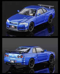 Blue die-cast model of a Nissan Skyline GT-R R34 1:32 Scale Openable Doors & Light, Music Toy