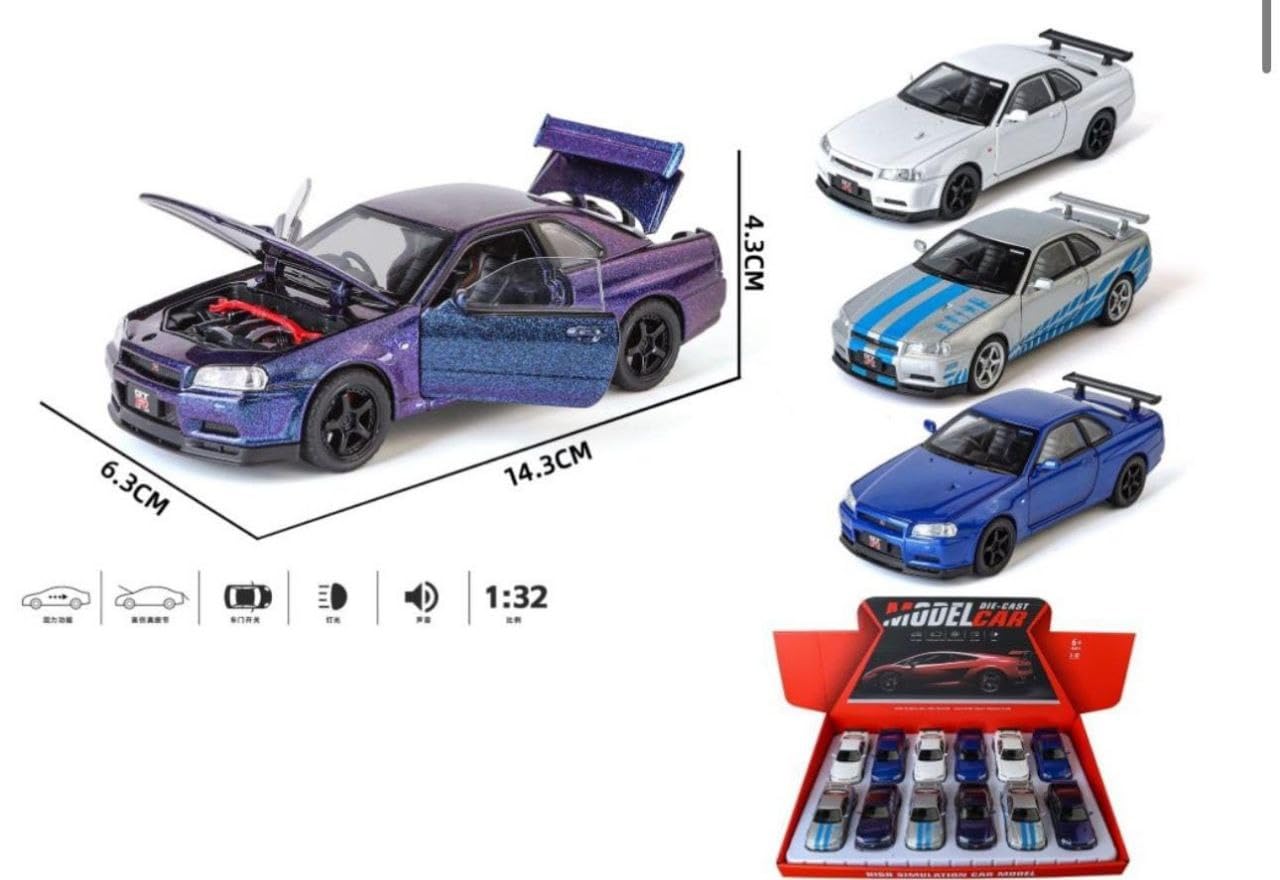 Blue die-cast model of a Nissan Skyline GT-R R34 1:32 Scale Openable Doors & Light, Music Toy