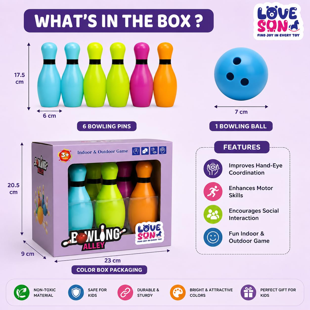 Bowling Alley Set for Kids, 6 Pins and 2 Ball
