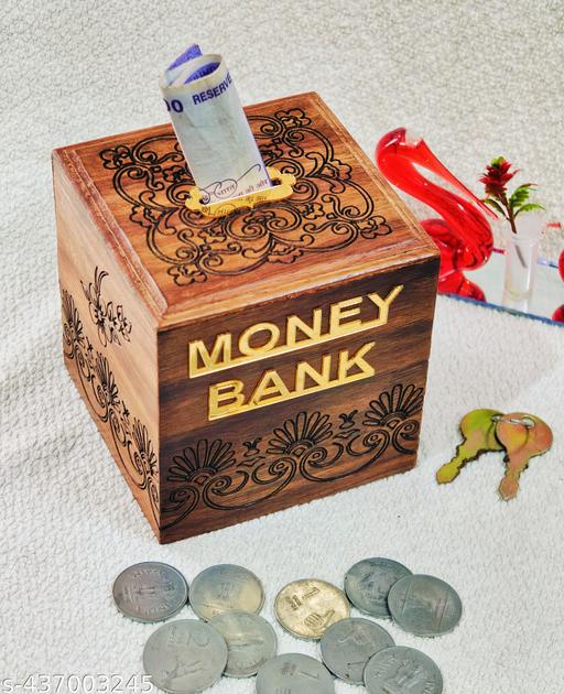 Brown wooden Acrylic Money bank with lock & key - Big 6*4 inches