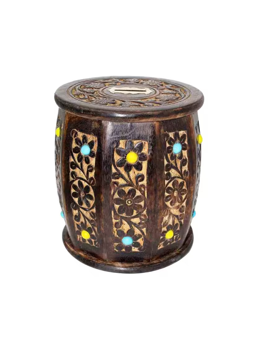 Brown wooden Antique Money Bank - Drum Bank - Medium