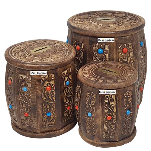 Brown wooden Antique Money Bank - Drum Bank - Medium