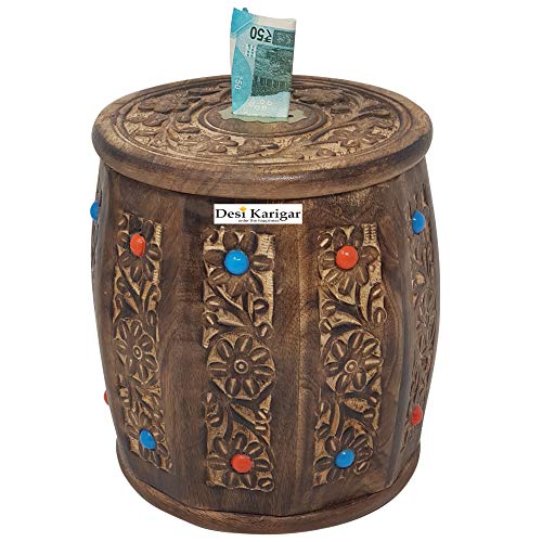 Brown wooden Antique Money Bank - Drum Bank - Medium