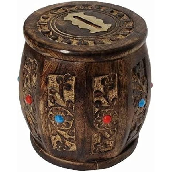 Brown wooden Antique Money Bank - Drum Bank - Medium