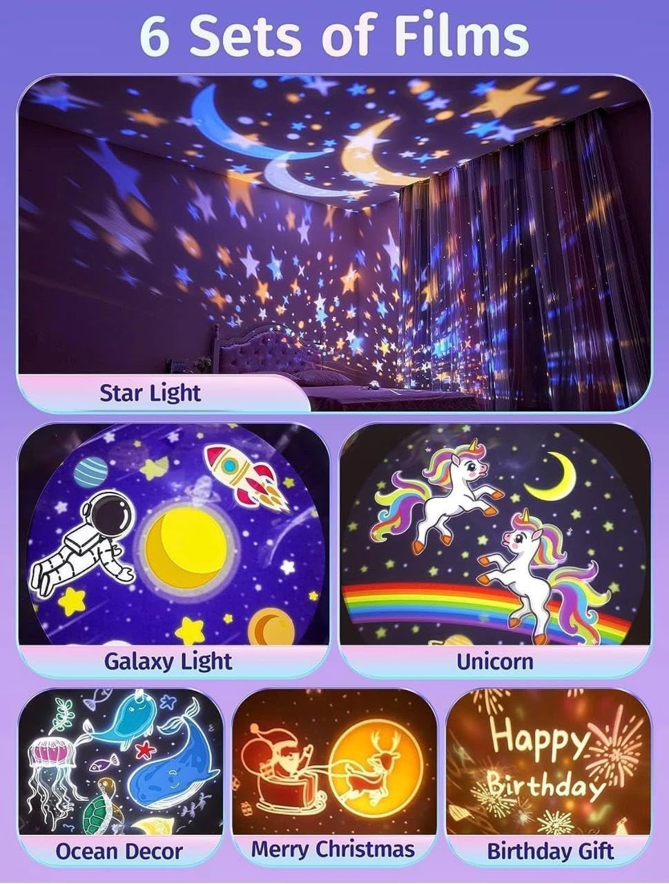 Bunny Carousel Night Light Projector, 6 Set Films Rotating LED Lamp