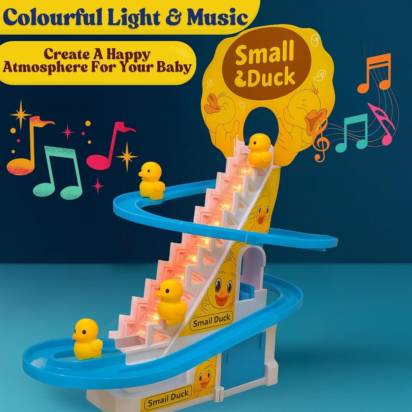 Climbing Duck Track Toy Light Musical 3 Duckling Moving Escalator Automatic Cartoon Chasing Race - Battery Not Included