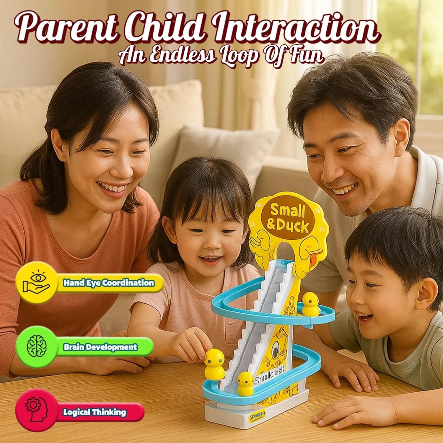 Climbing Duck Track Toy Light Musical 3 Duckling Moving Escalator Automatic Cartoon Chasing Race - Battery Not Included