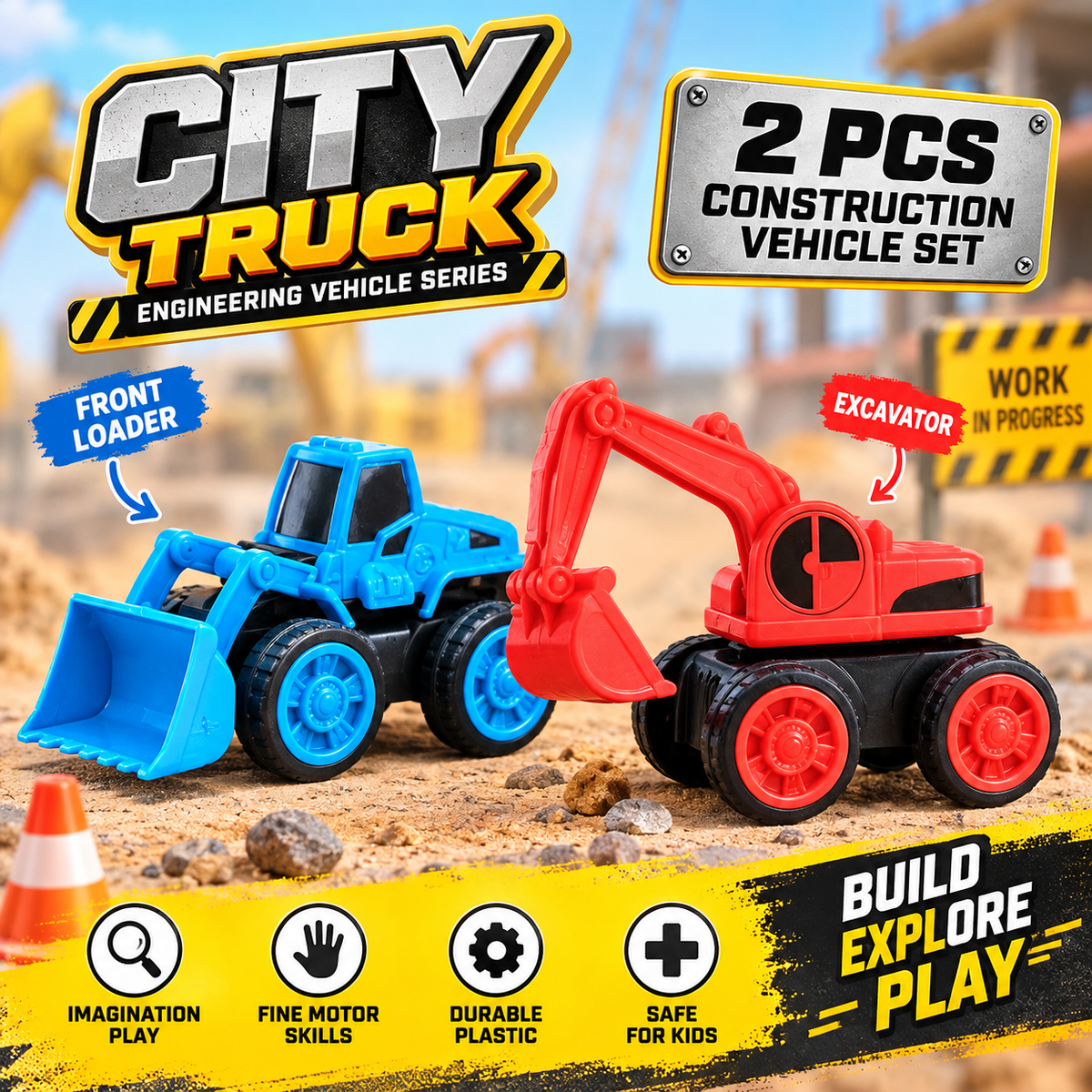 Pack of 2 Construction Toys Set with Excavator, JCP Friction Powered