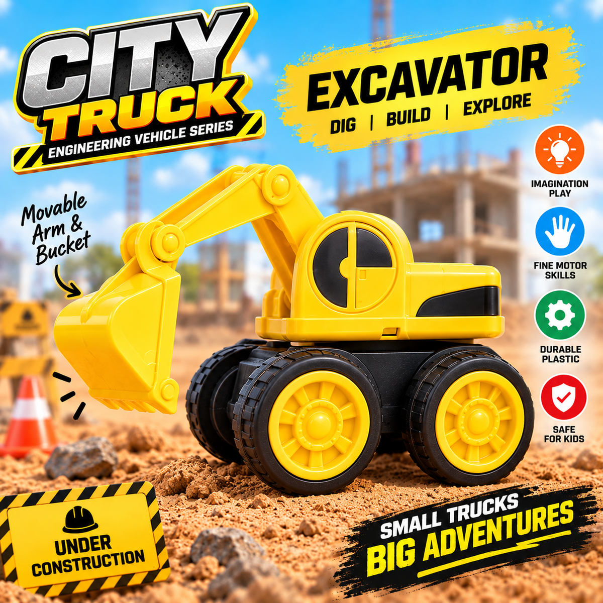 Pack of 2 Construction Toys Set with Excavator, JCP Friction Powered