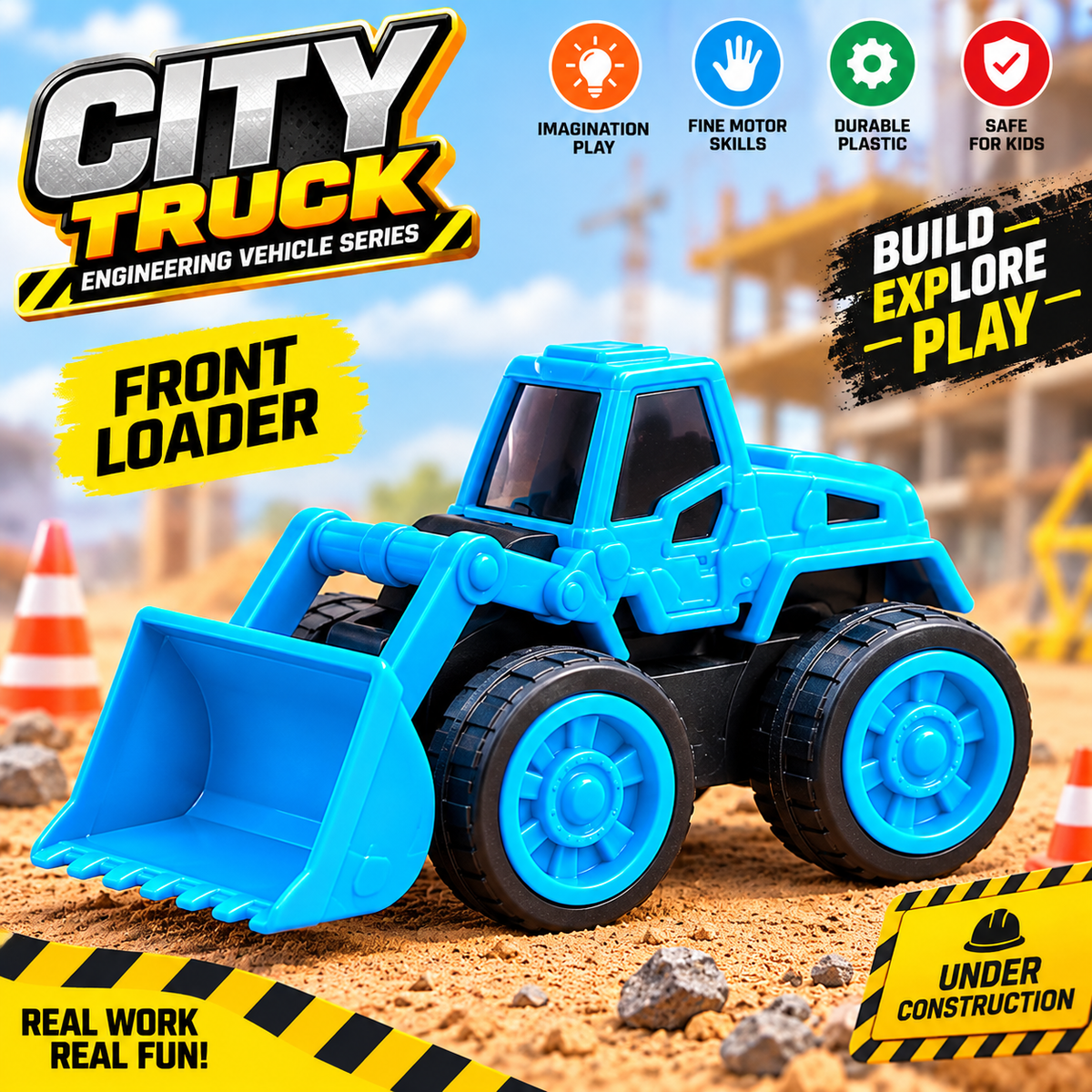 Pack of 2 Construction Toys Set with Excavator, JCP Friction Powered
