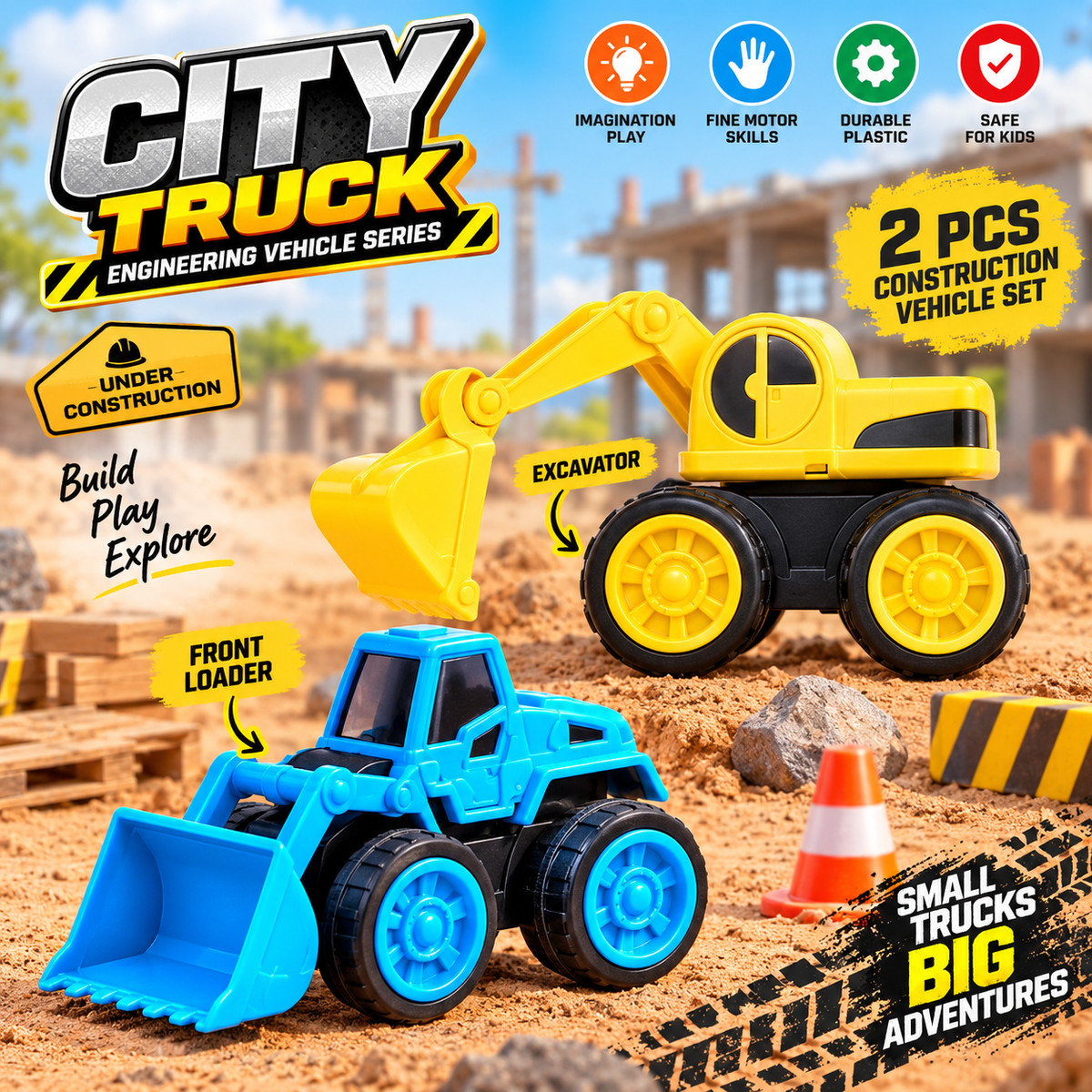 Pack of 2 Construction Toys Set with Excavator, JCP Friction Powered