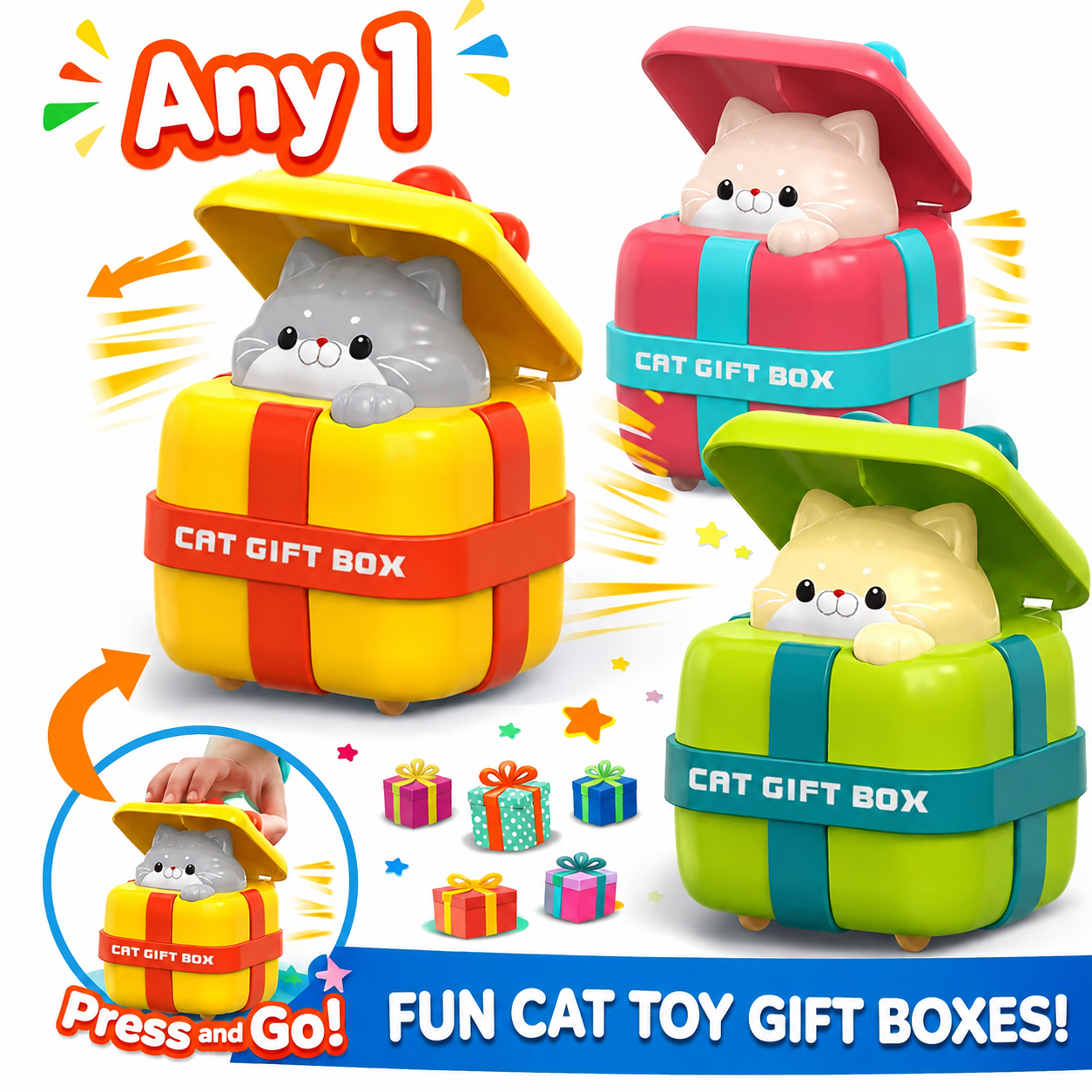 Cute Press & Go Gift Box Cat Toy Cars – Push & Go Action, Durable Plastic Toddler Toy, Indoor & Outdoor Play Any 1