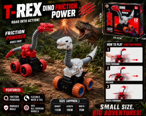 Dinosaur Monster Truck Toy, Pull Back Vehicle with All-Terrain Tires, Durable ABS Plastic Body, Spring Suspension, Flexible Neck and Tail, Off-Road Action