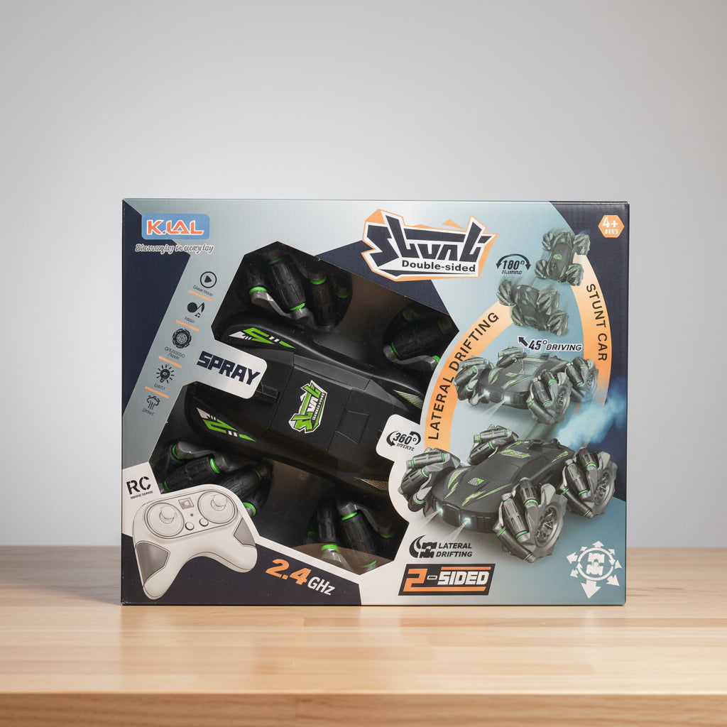 Double-Sided,45° Lateral Drifting RC Car with 2.4GHz Remote Control, 360° Rotating RC Stunt Drift Car, Omni Wheel Off-Road Racing Toy with LED Lights, Mist Spray