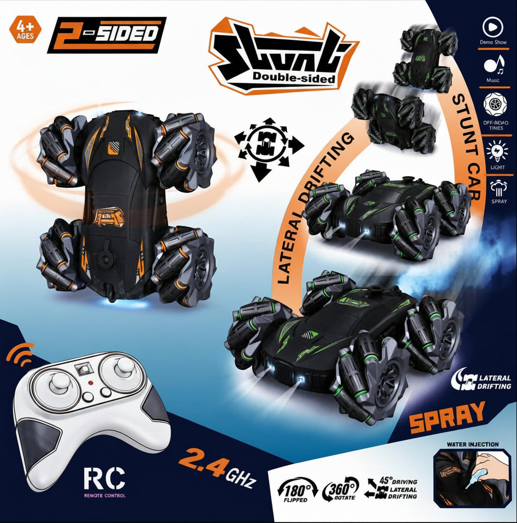 Double-Sided,45° Lateral Drifting RC Car with 2.4GHz Remote Control, 360° Rotating RC Stunt Drift Car, Omni Wheel Off-Road Racing Toy with LED Lights, Mist Spray