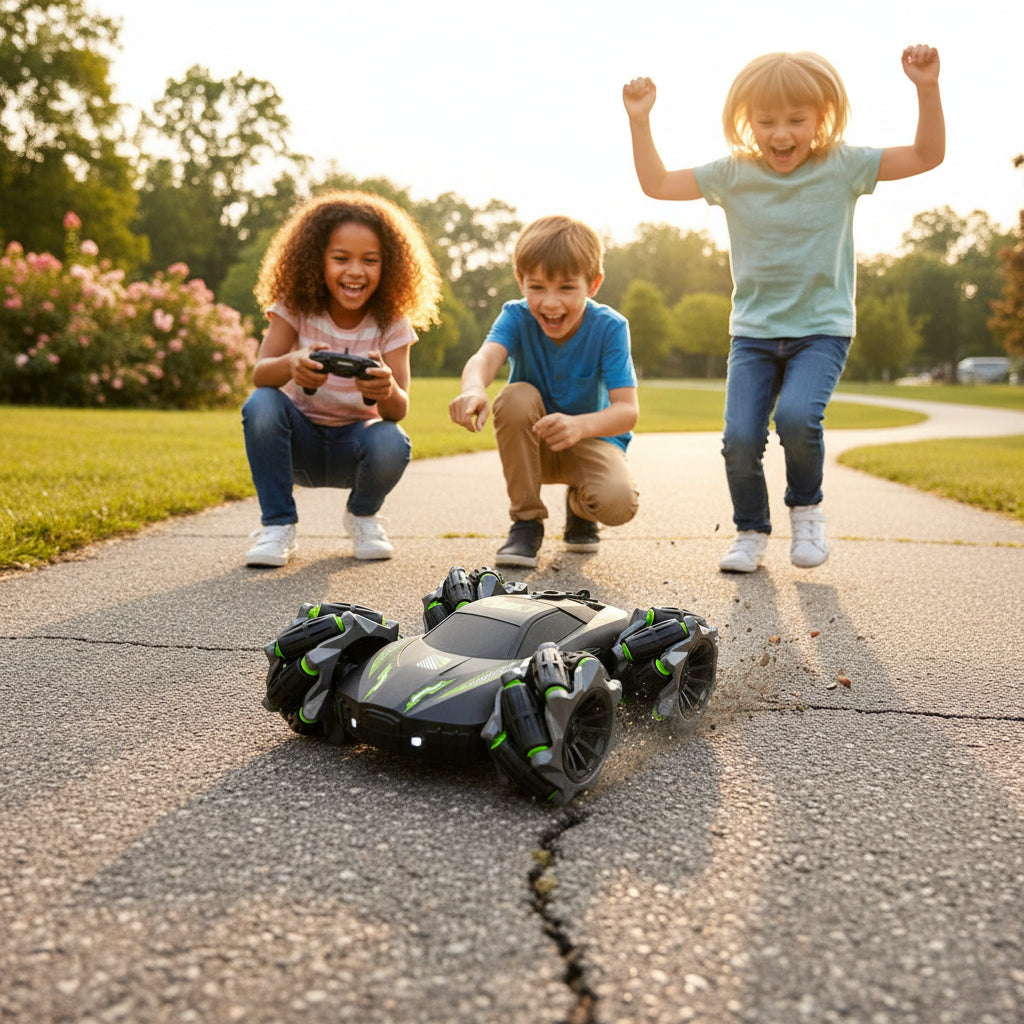 Double-Sided,45° Lateral Drifting RC Car with 2.4GHz Remote Control, 360° Rotating RC Stunt Drift Car, Omni Wheel Off-Road Racing Toy with LED Lights, Mist Spray