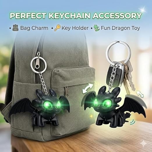 Dragon Keychain Toy with Moving Wings & LED Light Keyring for Car Dashboard, Bike Keys, Backpack