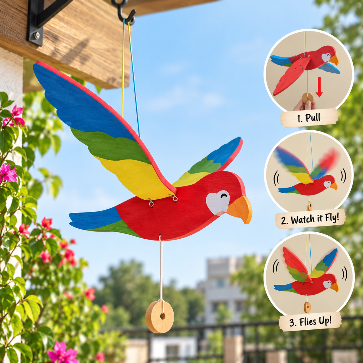 Wooden Multicolour Flying Parrot – Pull & Fly Toy Mobile Hanging bird