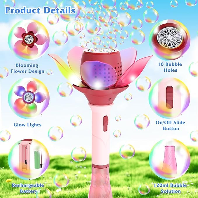 Lotus Electric Bubble Stick for Kids, Automatic Bubble Machine 10000+ Bubbles Light Up Flower Bubble Wand-Any 1