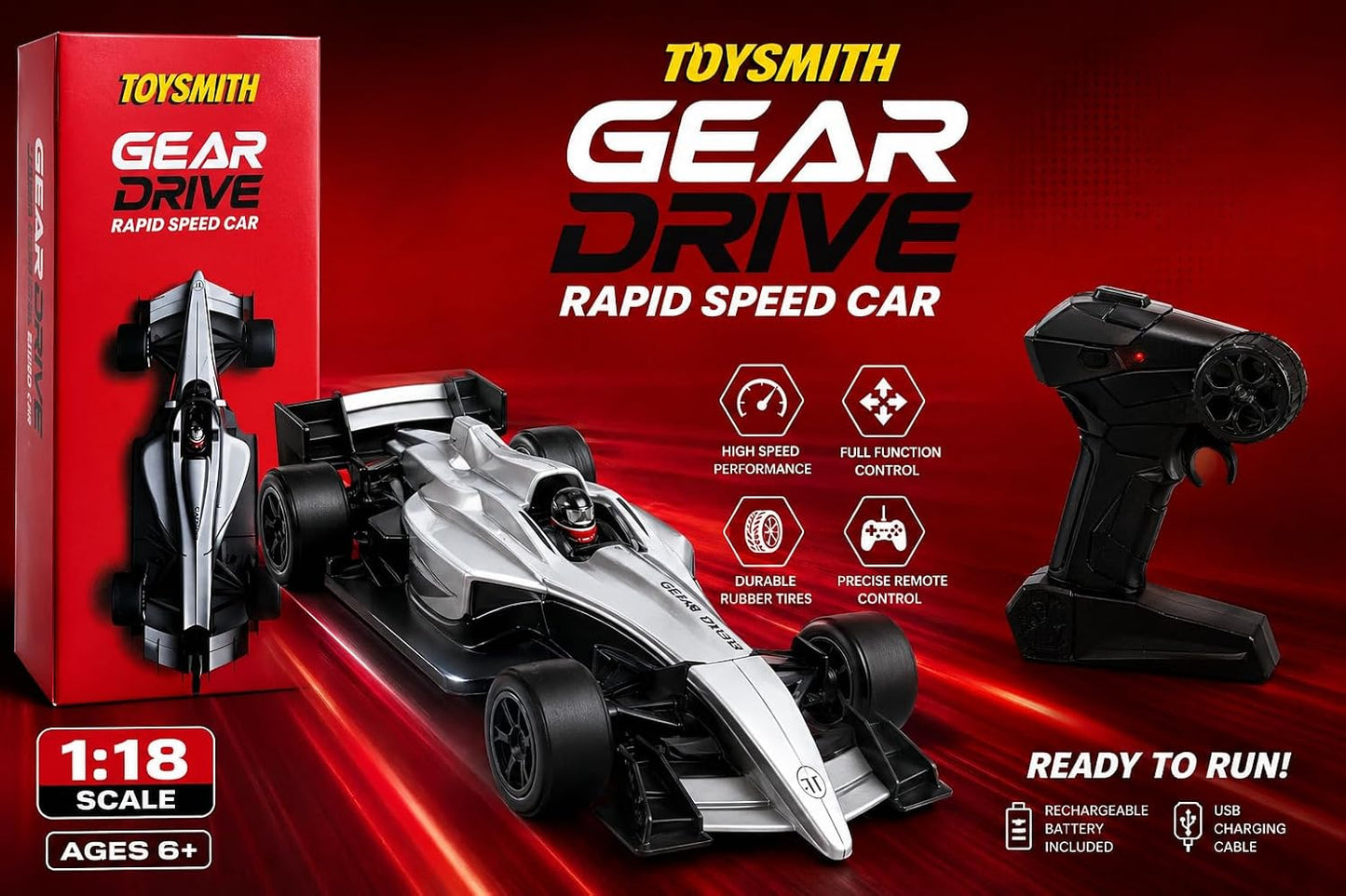 F1 Formula Racing Car Toy with Remote Control and Rechargeable Battery, LED Lights, 2 WD Smokey Mist Spraying Car