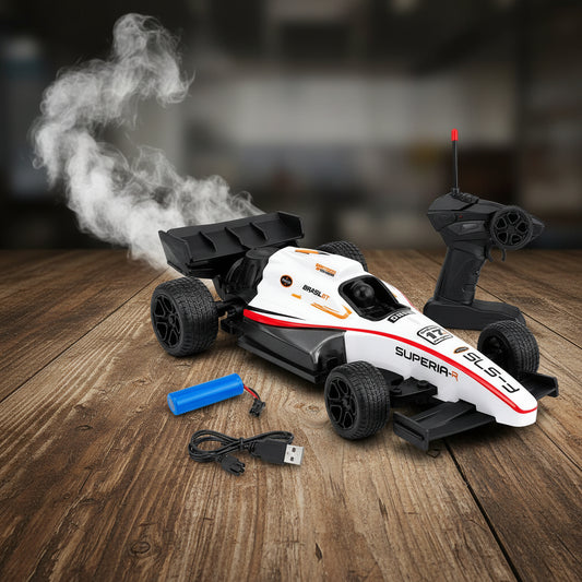 F1 Formula Racing Car Toy with Remote Control and Rechargeable Battery, LED Lights, 2 WD Smokey Mist Spraying Car