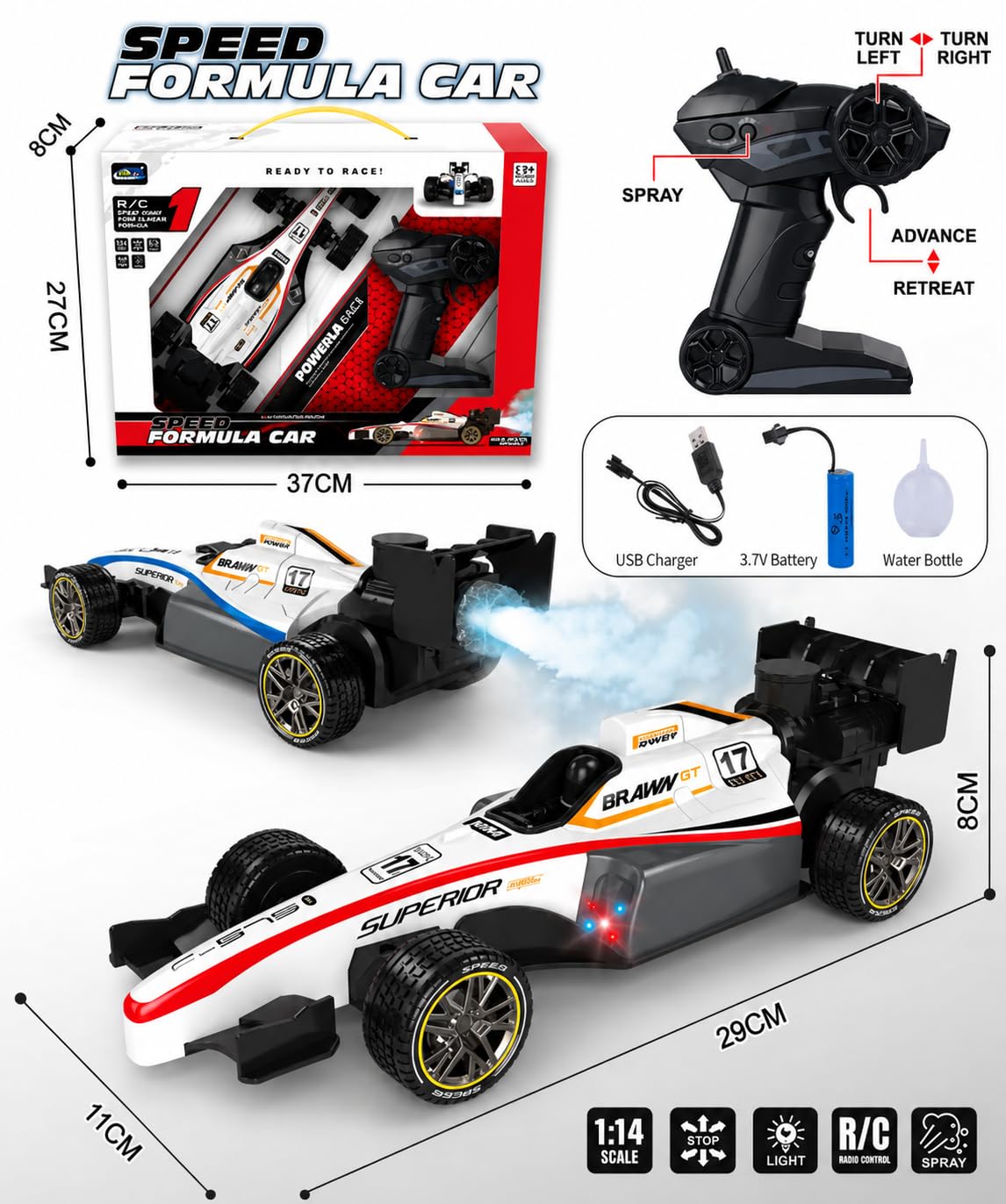 F1 Formula Racing Car Toy with Remote Control and Rechargeable Battery, LED Lights, 2 WD Smokey Mist Spraying Car