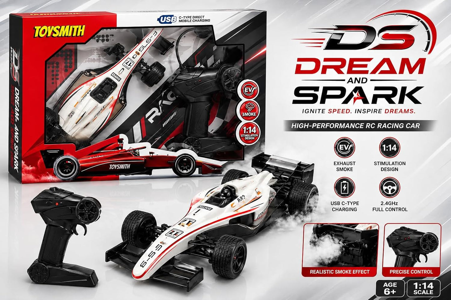 F1 Formula Racing Car Toy with Remote Control and Rechargeable Battery, LED Lights, 2 WD Smokey Mist Spraying Car