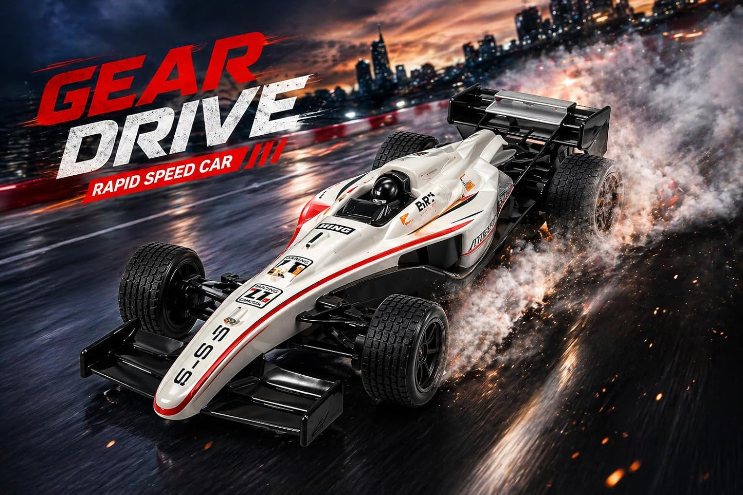 F1 Formula Racing Car Toy with Remote Control and Rechargeable Battery, LED Lights, 2 WD Smokey Mist Spraying Car