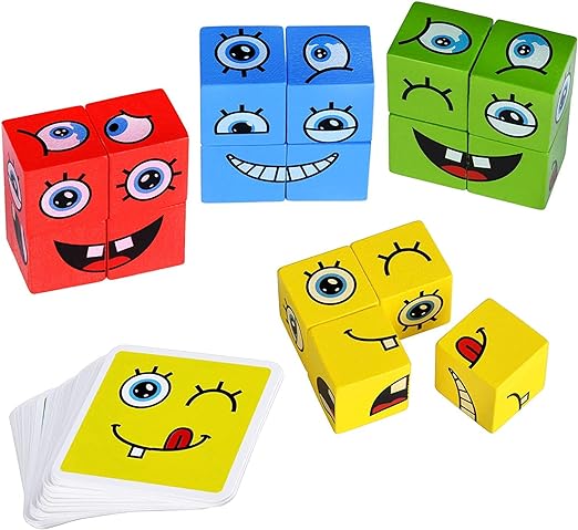 Face Change Cube Game, Wooden Expressions Matching Block Puzzle ? 16 blocks , 72 cards ? Blue Tin Box