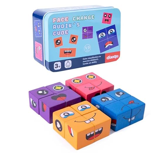 Face Change Cube Game, Wooden Expressions Matching Block Puzzle 16 blocks , 72 cards- Blue Tin Box