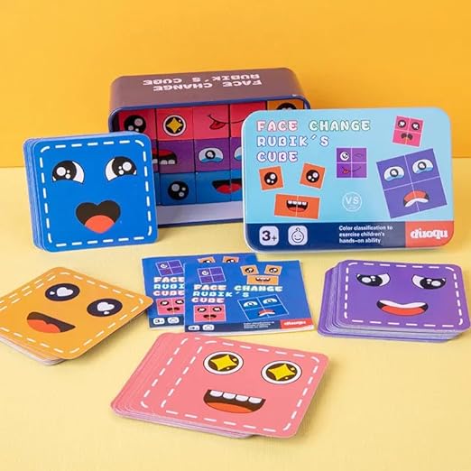 Face Change Cube Game, Wooden Expressions Matching Block Puzzle 16 blocks , 72 cards- Blue Tin Box