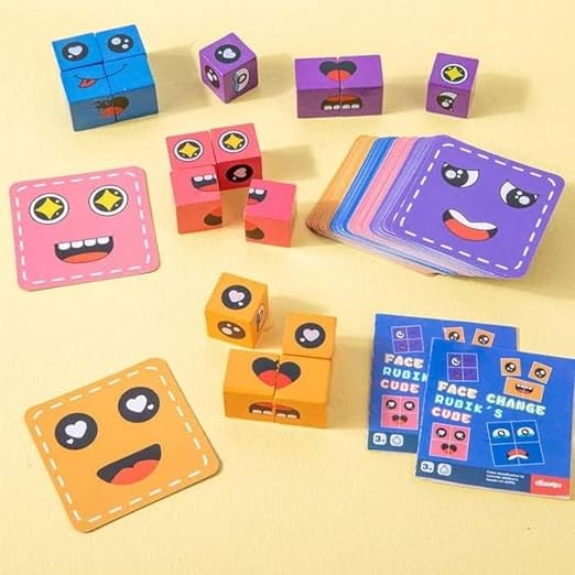 Face Change Cube Game, Wooden Expressions Matching Block Puzzle 16 blocks , 72 cards- Blue Tin Box