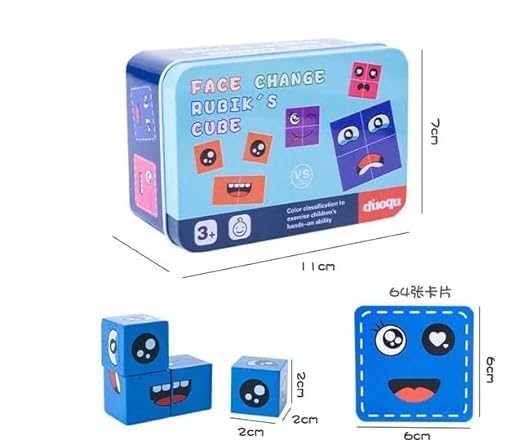 Face Change Cube Game, Wooden Expressions Matching Block Puzzle 16 blocks , 72 cards- Blue Tin Box