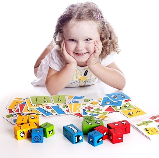 Face Change Cube Game, Wooden Expressions Matching Block Puzzle 16 blocks , 72 cards- Blue Tin Box