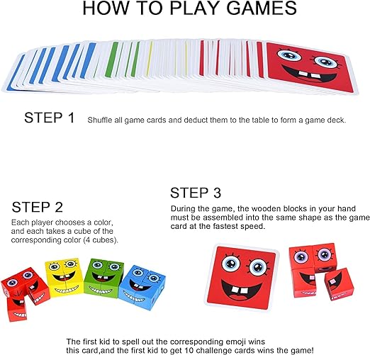 Face Change Cube Game, Wooden Expressions Matching Block Puzzle ? 16 blocks , 72 cards ? Blue Tin Box