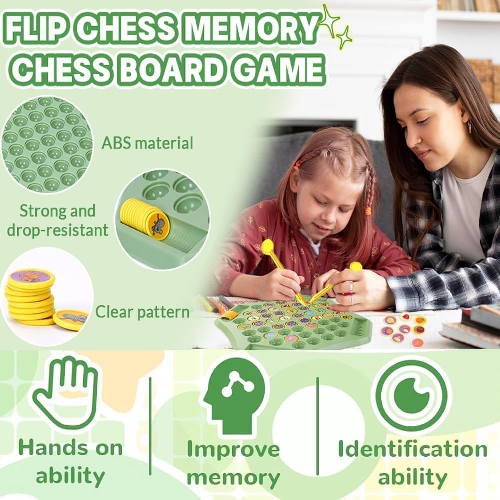 Flipping Chess Match Game – Montessori Memory Matching Board Game for Kids | Educational Animal & Fruit Theme Puzzle with Chips & Sticks | Parent-Child Interactive