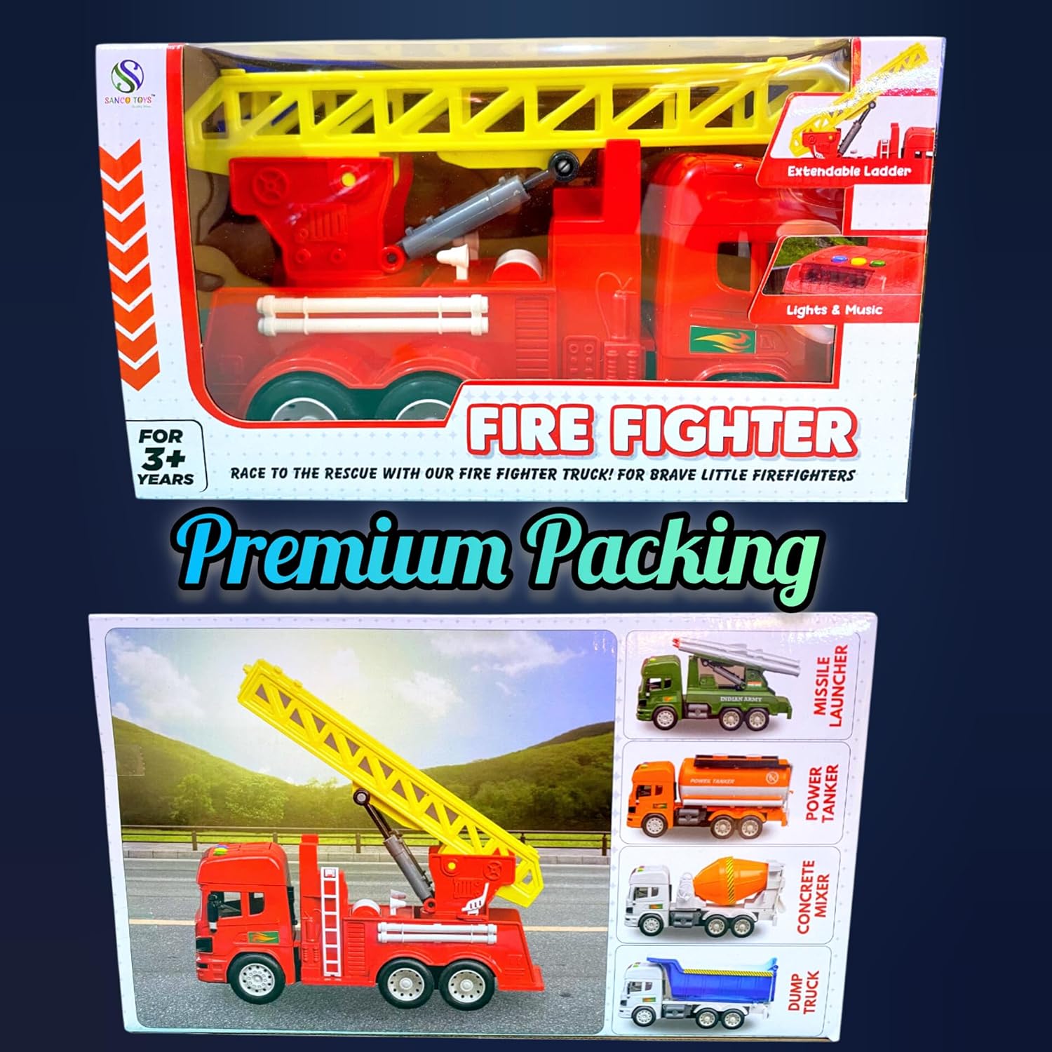 Friction-Powered Firefighter Truck– Realistic Design with Expanding Ladder, 360° Rotating Base, Lights & Melodious Sounds