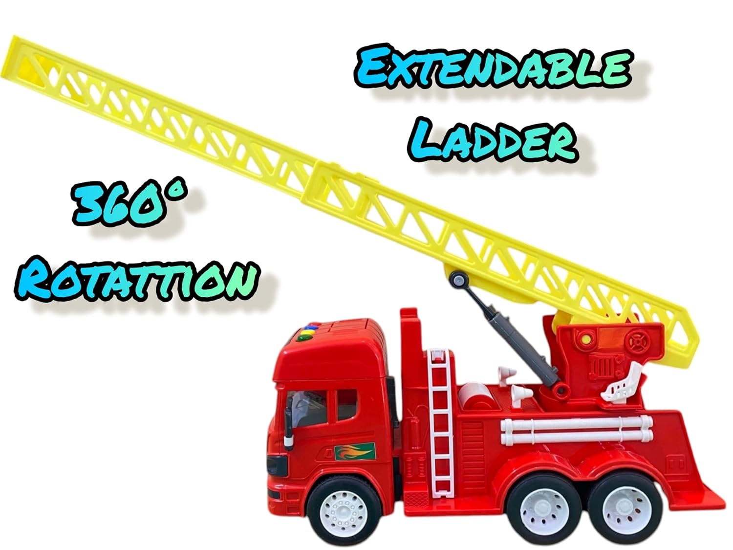 Friction-Powered Firefighter Truck– Realistic Design with Expanding Ladder, 360° Rotating Base, Lights & Melodious Sounds