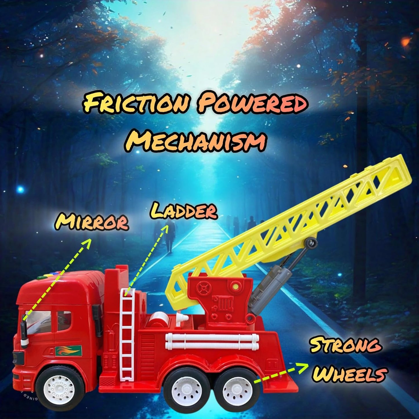 Friction-Powered Firefighter Truck– Realistic Design with Expanding Ladder, 360° Rotating Base, Lights & Melodious Sounds