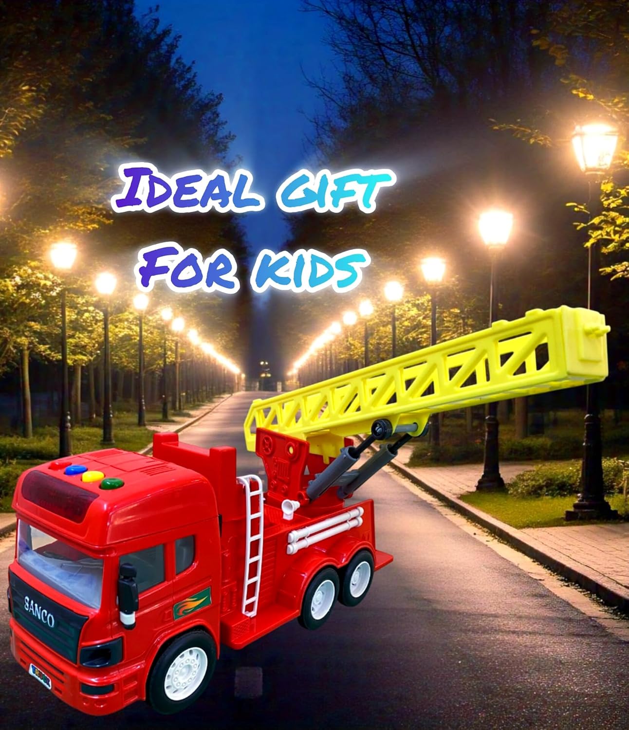 Friction-Powered Firefighter Truck– Realistic Design with Expanding Ladder, 360° Rotating Base, Lights & Melodious Sounds
