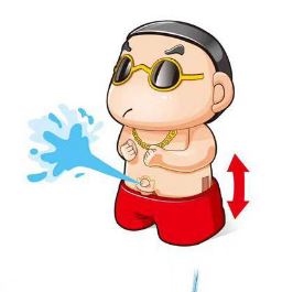 Cartoon character wearing sunglasses and red shorts with water splashing from a bottle.