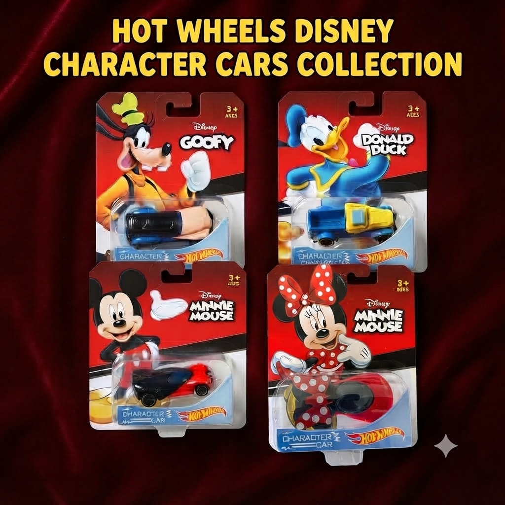 Hot Wheels Character Cars Disney Minnie Mouse,Miickey Mouse,Donald Duck,and Goofy Vehicle