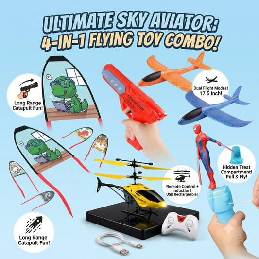 Ultimate Sky Aviator 4-in-1 flying toy combo set shown on a light blue background with feature callouts and hands demonstrating some of the toys in use. The set includes a red toy blaster, an orange airplane, a blue airplane, a yellow and black remote control helicopter on a black stand, a white and blue controller, a small cup, and several catapult toy panels with cartoon dinosaur graphics.